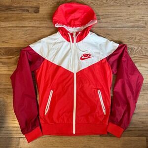 Nike Sportswear Windrunner Jacket Red White Burgundy Colorblock Hooded Small